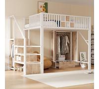 staronce Litera 90 x 200 cm, metal, barandilla protectora, LED, USB, para | Cama alta con escalera, somier de lamas, espacio de almacenamiento, para habitación juvenil, dormitorio