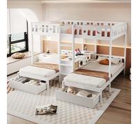staronce Litera de 140 x 200 + 90 x 200 cm - Cama triple para hermanos de madera maciza con espacio de almacenamiento, cajones y escalera, cama alta con diseño de estrellas y lunas, color blanco