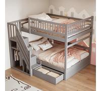 staronce Litera de 140 x 200 cm de madera maciza con escalera de almacenamiento y cajones, cama alta con barandillas de seguridad, gris, incluye somier de láminas, ahorra espacio para hermanos e