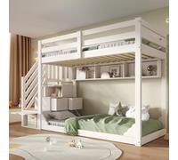 staronce Litera de 90 x 200 cm con armario de escalera y espacio de almacenamiento, cama alta de madera para hermanos, barandillas de seguridad y estantes de almacenamiento, color blanco, EN747