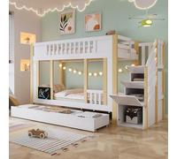 staronce Litera de 90 x 200 cm con armario para escaleras y cajones, cama alta de madera, espacio de almacenamiento y tabla de garabatos, color blanco y natural, incluye somier de láminas, ahorra