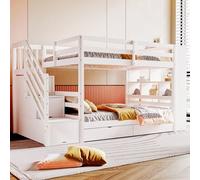 staronce Litera de 90 x 200 cm con escalera de seguridad y compartimentos de almacenamiento, cama alta de madera de pino, 2 cajones y taquillas grandes, estructura de valla alta, color blanco, incluye