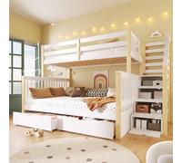 staronce Litera de 90 x 200 cm sobre 140 x 200 cm - Cama alta con espacio de almacenamiento y cajones, cama infantil de madera maciza de pino, blanco/natural, barandilla de seguridad - para hermanos