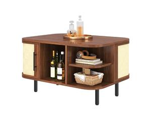 staronce Mesa de centro con espacio de almacenamiento, superficie trenzada, forma curvada, mesa auxiliar para salón, mesa de sofá con estante, cuerpo de tablero de fibra de densidad media, patas de