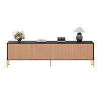 staronce Mueble bajo de 179 x 35 x 53,5 cm - Mueble bajo para TV con 4 puertas y textura 3D, mueble de TV negro y dorado, aparador de TV con patas de metal doradas, diseño sin mango, para televisores