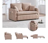 staronce Sofá cama con función de dormir para espacios pequeños, sofá cama plegable de 2 plazas, mini sofá con USB, portavasos, bolsillo lateral, chenilla, caqui, 139 x 83 x 58 cm