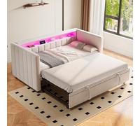 staronce Sofá cama de 90 x 190 cm con cama extensible y USB-C - Sofá de terciopelo con LED y espacio de almacenamiento, color beige, incluye somier de lamas, cama de invitados multifuncional para