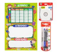 Starplast Pack Lámina Educativa Horario Escolar - Horario 40x60cm, Cinta doble cara extra fuerte 4mx18mm, 2 Rotuladores pizarra Azul y Rojo, planificador semanal, actividades y exámenes.