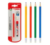 Starplast Portaminas Automático con 12 Minas Grafito 0.7 2B y Goma Borrar 4 Colores, forma lápiz, dureza, escolar, Recambios, escritura, dibujo, original, novedad - PACK 4