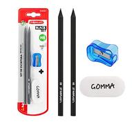 Starplast SET ESCRITURA HB 2 lápices negros + sacapuntas + goma de borrar, Grafito mina HB, forma circular, escritura, madera, oficina y escolar