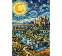 Starry European Landmark and Vineyard Journal: 6x9 Inch Lined Notebook, Van Gogh Inspired Roman Aqueduct and Castle Art Cover, Aesthetic Lavender and Sunflower Landscape Diary (100 Pages)