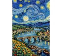 Starry Night River Bridge Art Journal: 6x9 Inch Lined Notebook, Van Gogh Style Waterside Village with Sunflowers and Boats, Aesthetic Impressionist River Landscape Diary (100 Pages)