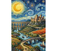 Starry Roman Aqueduct and Castle Art Journal: 6x9 Inch Lined Notebook, Van Gogh Inspired European Landmark Landscape, Aesthetic Lavender and Sunflower Vineyard Diary with Sailing Boats (100 Pages)