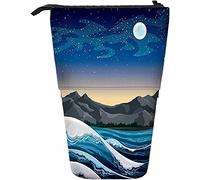 Starry Sky - Estuche telescópico para lápices, papelería, bolígrafos, Caja de Almacenamiento con Cierre de Cremallera para Mujeres, Hombres, niños, niñas, Noche, mar, Olas, montañas, Roca, Luna Llena