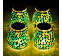 Starsoul Paquete de 4 faroles colgantes solares de mosaico para exteriores, impermeables, de vidrio amarillo y azul, luces solares de jardín, farol de mosaico al aire libre para exteriores, camino