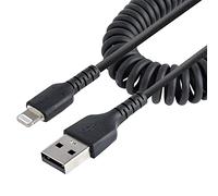 StarTech Cable Rizado USB-A a Lightning 1m, MFi, Negro (RUSB2ALT1MBC) | Cable de carga para iPhone, Se estira hasta 1m y se contrae hasta 38cm, Recubrimiento de TPE