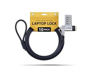 StarTech Pack 10 Candados 3 en 1 Doble Acceso para Portátil, 2m con Llave | Llave igualada para Informática, Cable de acero resistente a cortes, Antirrobo