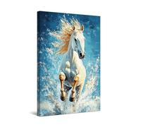Startonight Cuadro en Lienzo Luminoso - Caballo Blanco Corriendo en el Agua Sobre Fondo Azul, Cuadros Modernos Abstractos para Dormitorio, Impresiones Enmarcadas 60x90 cm, Decoración Pared