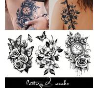 STARTTOOS 3pcs Tatuajes Temporales Semi-Permanentes de Herbal - Diseños de Flores, Reloj y para Brazos, Pecho, Espalda | Desvanecen, Sin | 7-14 Días, Forma Rectangular
