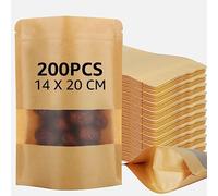 STARVAST Lote de 200 bolsas con cremallera Kraft de papel 16x22 cm, bolsa Kraft para alimentos con ventana transparente, té, granos de café