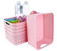 STARVAST Paquete de 5 cestas de almacenamiento de plástico, portátil, color rosa, con asa para cocina, baño, habitación de los niños o guardería, 9.4 x 7.1 x 4.1 pulgadas