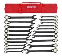STARWORK TRUE MECHANIC™ - Juego de llaves combinadas de trinquete reversibles de 20 piezas 120T, patrón largo, SAE, métrico, profesional, con bolsa portátil enrollable