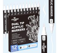 Stationery Island Rotuladores Acrílicos Blancos - 12 Unidades de Doble Punta Acrylic Markers- Marcadores Acrílicos a Base de Agua para Piedra, Vidrio, Madera, Cerámica, Metal, Tela y Más
