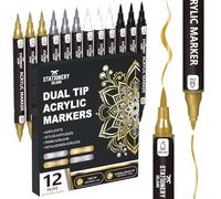 STATIONERY ISLAND Rotuladores Acrílicos Metálicos - 12 Unidades en Oro, Plata, Blanco y Negro - Marcadores con Doble Punta, a Base de Agua para Piedra, Vidrio, Madera, Metal y Cerámica