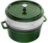 STAUB Cacerola/Cocotte con Vaporera de Hierro Fundido, Diámetro de 26 cm, 5,2 L, Esmaltado Interior Negro, Verde Albahaca