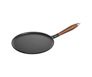 Staub Pans Crepera con mango de madera 28 cm, Hierro fundido, Negro