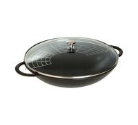 STAUB Wok de hierro fundido, incluye tapa de cristal e inserto de rejilla extraíble, Apto para la inducción, Ø 37 cm, 5.7 L, Negro