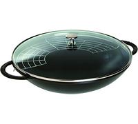 STAUB Wok de hierro fundido, incluye tapa de cristal e inserto de rejilla extraíble, Apto para la inducción, Ø 37 cm, 5.7 L, Negro