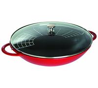 STAUB Wok de hierro fundido, Incluye tapa de cristal y rejilla extraíble, Apto para inducción, Ø 37 cm, 5,7 L, Rojo cereza