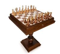 Staunton XL Set + Tilia Wood Chess Table Marble Top Double Drawer New
