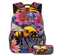 Stay Ahead of The Class, mochila con estuche para lápices, juego de 2 mochilas escolares imprescindibles para niños, niñas y adolescentes, diseño de abeja de color, Multicolor#01, B：29.4x20x40cm\