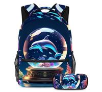 Stay Ahead of The Class, mochila con estuche para lápices, juego de 2 mochilas escolares imprescindibles para niños, niñas y adolescentes, bola de cristal de delfín, Multicolor#02, B：29.4x20x40cm\