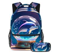 Stay Ahead of The Class, mochila con estuche para lápices, juego de 2 mochilas escolares imprescindibles para niños, niñas y adolescentes, bola de cristal de delfín, Multicolor#08, B：29.4x20x40cm\