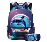 Stay Ahead of The Class, mochila con estuche para lápices, juego de 2 mochilas escolares imprescindibles para niños, niñas y adolescentes, bola de cristal de delfín, Multicolor#06, B：29.4x20x40cm\