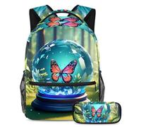 Stay Ahead of The Trends, juego de 2 mochilas escolares con mochila de gran capacidad y estuche, bola de cristal de mariposa, Multicolor#08, B：29.4x20x40cm P：19x7.5x3.8cm, Mochilas de día