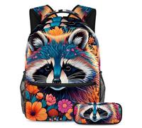 Stay Ahead of The Trends, juego de 2 mochilas escolares con mochila de gran capacidad y estuche para lápices, mapache de dibujo de color, Multicolor#02, B：29.4x20x40cm P：19x7.5x3.8cm, Mochilas de día