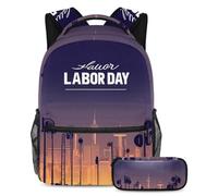 Stay Ahead of The Trends, juego de 2 mochilas escolares con mochila de gran capacidad y estuche para lápices, patrón del día del trabajo, Multicolor#02, B：29.4x20x40cm P：19x7.5x3.8cm, Mochilas de día