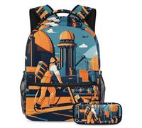 Stay Ahead of The Trends, juego de 2 mochilas escolares con mochila de gran capacidad y estuche para lápices, patrón del Día del Trabajo, Multicolor#04, B：29.4x20x40cm P：19x7.5x3.8cm, Mochilas