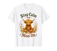 Stay Calm and Moo On Highland Cow Meditación Farming Retro Camiseta