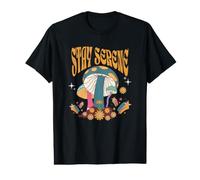 Stay Serene Groovy Quote Champiñones Texto en Negrita Estilo Boho Camiseta gráfica económica