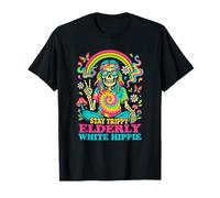 Stay Tripy Elderly White Hippie Skeleton Rainbow Peace Camiseta
