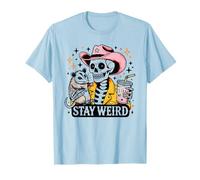 Stay Weird Skeleton en Sombrero de Vaquero Rosa con zarigüeya Camiseta
