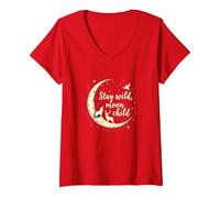 Stay Wild Moon Niño Cielo Nocturno Místico Camiseta Cuello V, Mujer, Rojo, L