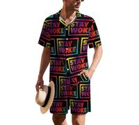 Stay Woke - Conjunto hawaiano de 2 piezas para hombre, estilo casual, camisa y pantalones cortos con botones, Multicolor, L