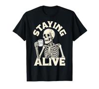 Staying Alive Funny Halloween Skeleton Bebiendo Amante del café Camiseta