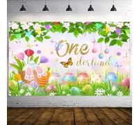 STCREE BJOKEE1 - Fondo de fotografía de jardín de Pascua de primavera de 2,1 x 1,5 m, hierba verde, césped, conejo, huevos, fondo para bebés y niños, pancarta de fiesta de primer cumpleaños